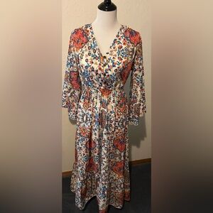 BOEMO Women Maxi Dress L Floral Bell Sleeve Tiered Boho Peasant Cottage